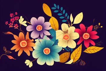 Colorful elegant autumn flowers composition Modern floristry design elements Raster illustration in sketch style , anime style