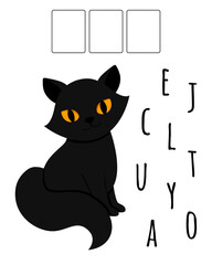 Development of a child, schoolchild, preschooler. Learning English. Puzzle game. Black cat, Halloween. Children's education. Find the letters.