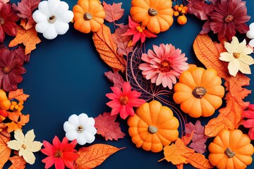 Autumn composition Wreath made of autumn flowers and leaves on white background Flat lay, top view, copy space , anime style