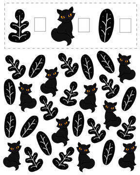 Development of a child, schoolchild, preschooler. Puzzle game. Black cat, Halloween. Children's education. Find it, count it, write it down. Tasks for attentiveness, logic, counting.