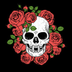 Skull and flowers hand drawn illustration. Tattoo vintage print. Skull and roses.