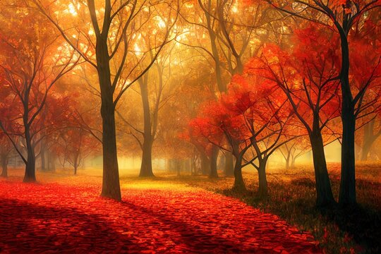 3d rendering Autumn background full of leaves with two intense shadows on the top and bottom Path made up of many red colored leaves in the fall season , anime style