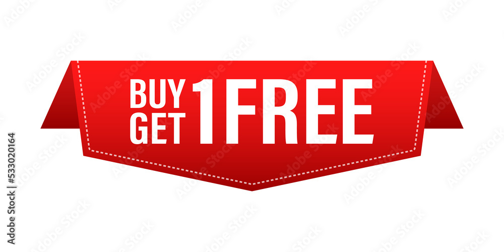 Poster Buy 1 get 1 free. Red Label. Red Web Ribbon.  stock illustration