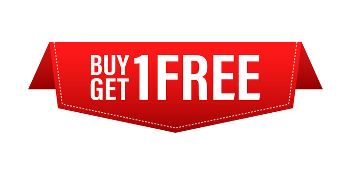 Buy 1 get 1 free. Red Label. Red Web Ribbon.  stock illustration