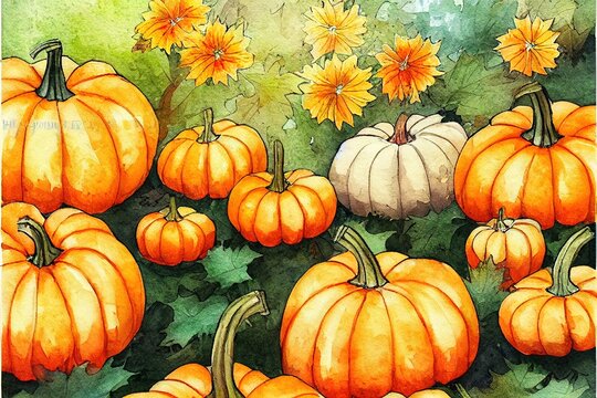 Pumpkins, autumn leaves and flowers Watercolor harvest festival card , anime style