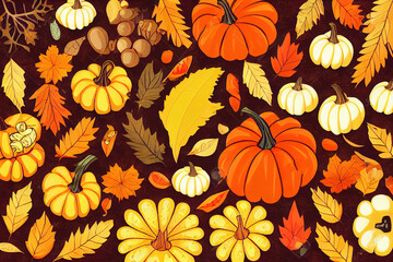 Autumn nature background border with food, flora and fauna on lokta paper background Top view Harvest festival, Thanksgiving and Halloween theme , anime style