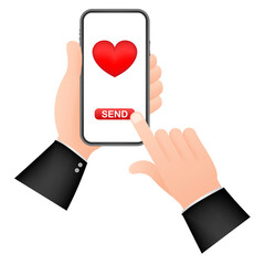 Smartphone hand love. Social network concept. Hand holding mobile phone. Like icon. Mobile internet, social media.  stock illustration