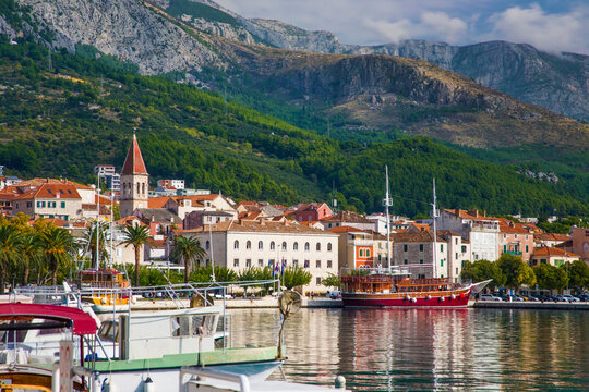 scenic summer view in Croatian resort - Makarska, Dalmatia, Croatia, Adriatic sea, Europe...exclusive - this image sell only on adobe stock