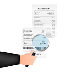 Receipt icon with magnifying glass. Studying paying bill. Payment of goods,service, utility, bank, restaurant.  stock illustration