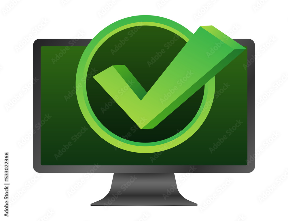 Poster computer with checkmark or tick notification in bubble. approved choice. accept or approve checkmark