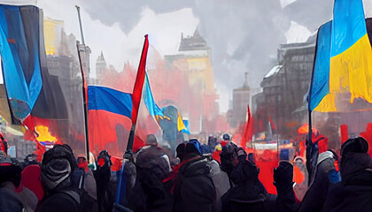 Russian demonstrators protests Russia flag war on ukraine