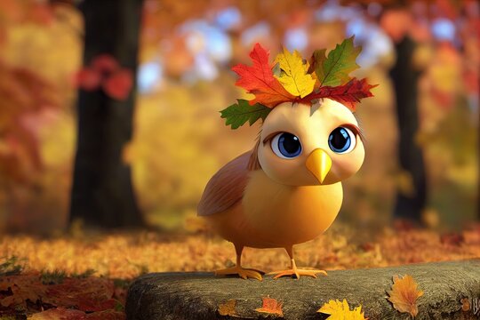 An adorable 3D Thanksgiving turkey chick with a festive autumn background. 100% original character 