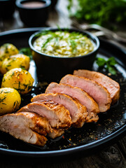 Roast pork loin with fried potatoes and cabbage on wooden table