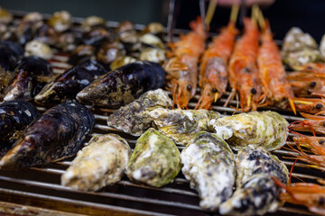 Mixed seafood barbecue on grill pan