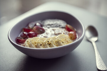 Healthy breakfast: cereal, grapes, banana