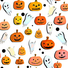 Seamless Pattern of Halloween Pumpkins and Ghosts