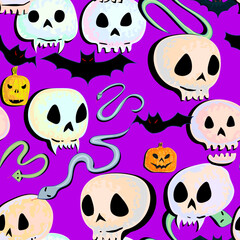 Seamless Pattern of Halloween Skulls, Bat and Snake