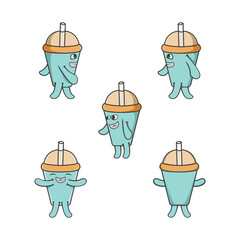 happy bubble tea cute mascot with five poses