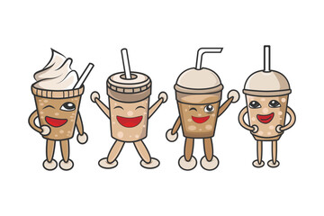 happy cup cute mascot with four different characters