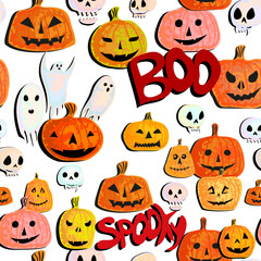 Seamless Pattern of Ghosts, Pumpkins and Boo word