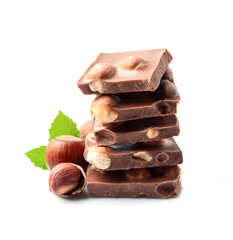 Dark chocolate with filbert nuts on white backgrounds.