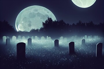 Graveyard At Night Spooky Cemetery With Moon In Cloudy Sky And Bats Contain 3d Illustration