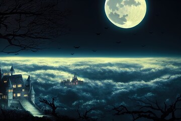 halloween dark castle with full moon wallaper, Anime Style. 2d illustration