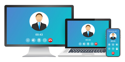 Incoming video call on laptop. Laptop with incoming call, man profile picture and accept decline buttons.  stock illustration.