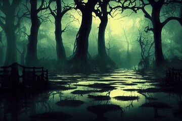 3D Rendering illustration of a creepy haunted mansion in a swamp at night high contrast image, Anime Style