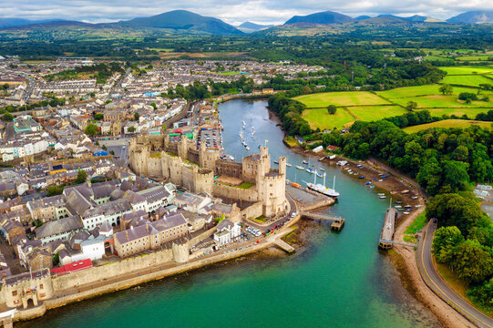 Aerial view of historical town Caernarfon, Wales, United Kingdom