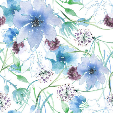 Floral seamless watercolor background. A creative pattern with a pattern of flowers, moldings, branches, berries. Wild onion, chamomile, dandelion, calendula.
Abstract background.thickets