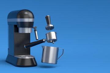 Espresso coffee machine with horn and geyser coffee maker on blue background.
