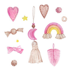 set of watercolor illustrations on the theme of textile children's toys and decorations in boho style, pink and beige, rainbow, tassel, month, pompom, sweetie, for stickers, scrapbooking, tags, baby