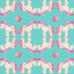 seamless pattern, ornament from a watercolor illustration of textile children's toys in beige-pink tones on an azure background, wrapping paper for children's goods and holidays, textiles, scrapbook