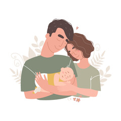 Vector family illustration. Woman and man holding a newborn baby. Mom, dad and child.