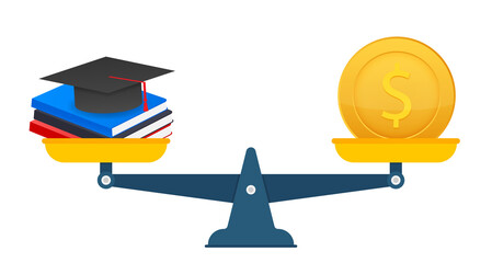 Concept of investment in education with coins books and scales.  stock illustration.