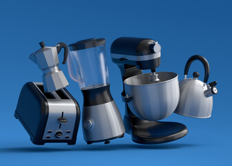 Electric kitchen appliances and utensils for making breakfast on blue