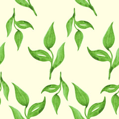 seamless watercolor pattern, green leaves on a light yellow background, print for textiles, dishes, wrapping paper, scrapbooking