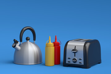 Toaster, kettle with kitchen utensil for preparation of breakfast on blue