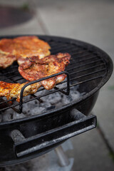 Pieces of crunchy meat freshly grilled on outdoor grill. 