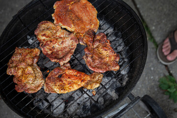 Pieces of crunchy meat freshly grilled on outdoor grill. 