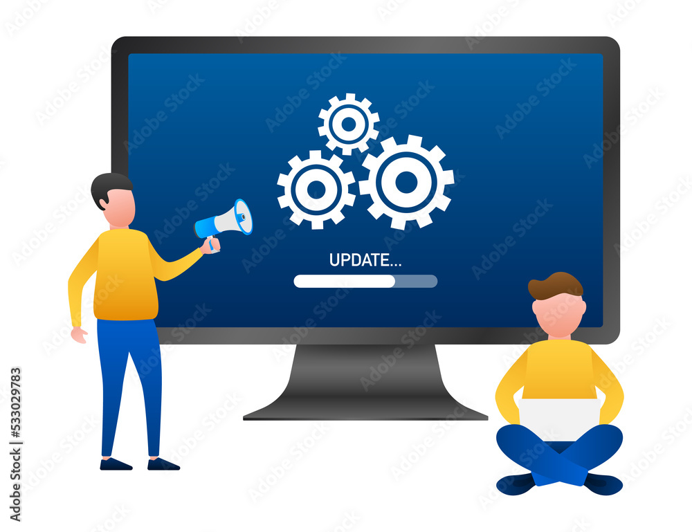 Poster system software update, data update or synchronize with progress bar on the screen. illustration