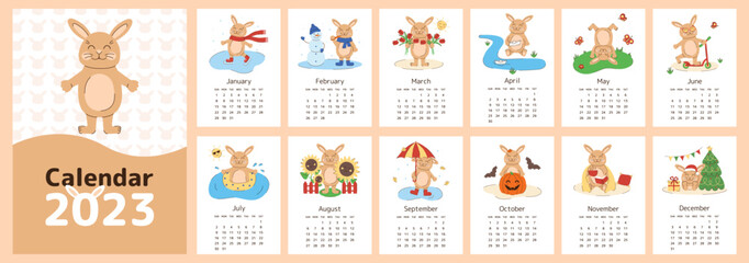 Calendar 2023 with cute rabbit. Symbol of the year. Cover and 12 months pages. Vertical template. Week starts on Sunday