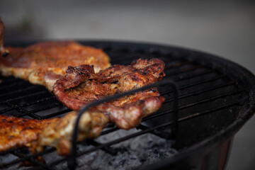 Pieces of crunchy meat freshly grilled on outdoor grill. 