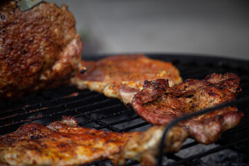 Pieces of crunchy meat freshly grilled on outdoor grill. 