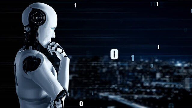 Futuristic robot artificial intelligence huminoid AI programming coding technology development and machine learning concept. Robotic bionic science research for future of human life. 3D rendering.
