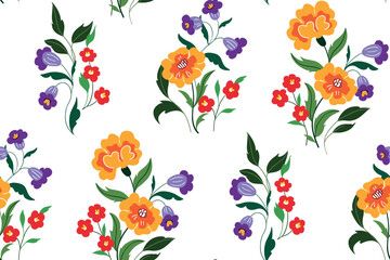 Seamless pattern, folk style floral print with hand drawn wild plants on white background. Rustic botanical design with large and small wild flowers, leaves, herbs in bouquets. Vector illustration.