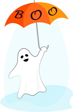 Halloween clipart of cute funny cartoon ghost with Boo, orange umbrella on an isolated background. Spooky background for Halloween celebration, textiles, wall papers, wrapping paper, scrapbooking. 