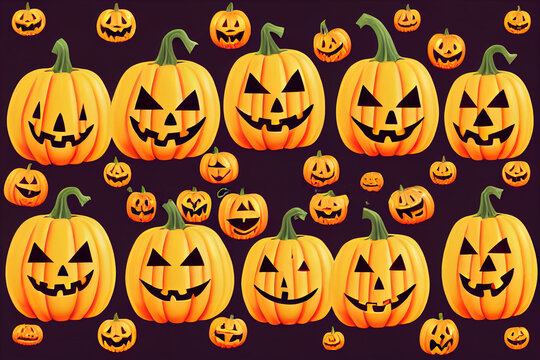 Happy Halloween banner. International Pumpkins isolated. Mexican, pirates, american, witch and cowboy Happy Halloween holiday. Orange pumpkins with scary smile Halloween. Raster illustration.
