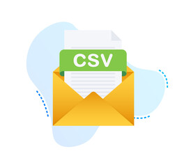 Download CSV button on laptop screen. Downloading document concept. File with CSV label and down arrow sign.  illustration